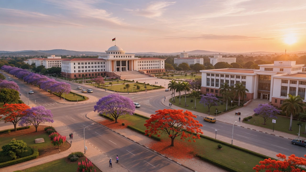 Lilongwe — Capital City · jacaranda season on the boulevards